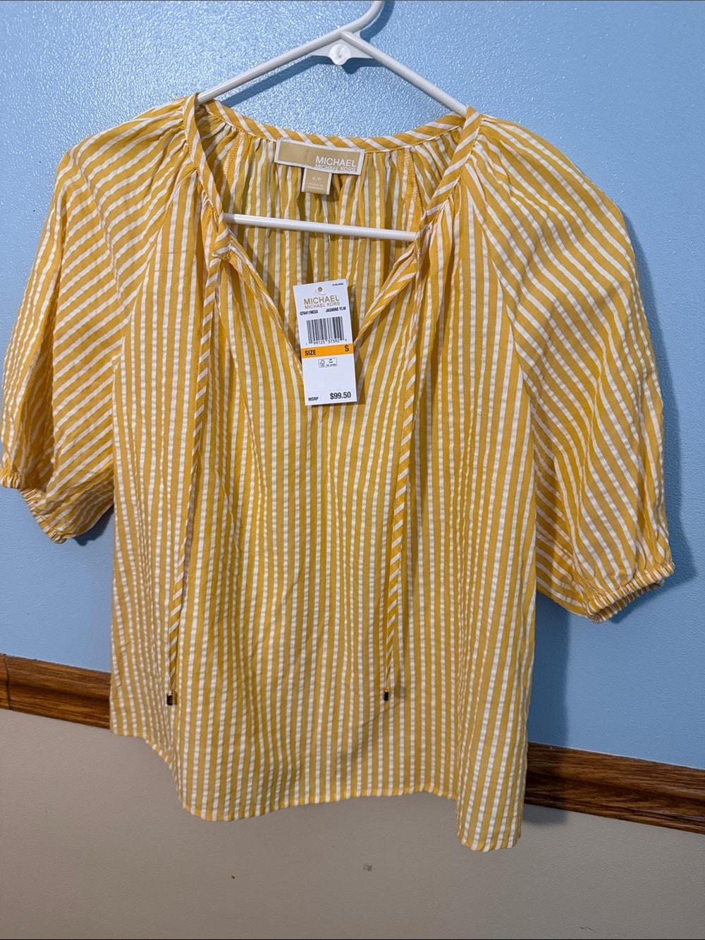 Michael Kors Yellow and White Striped Tie-Neck Blouse NWT Women’s Small